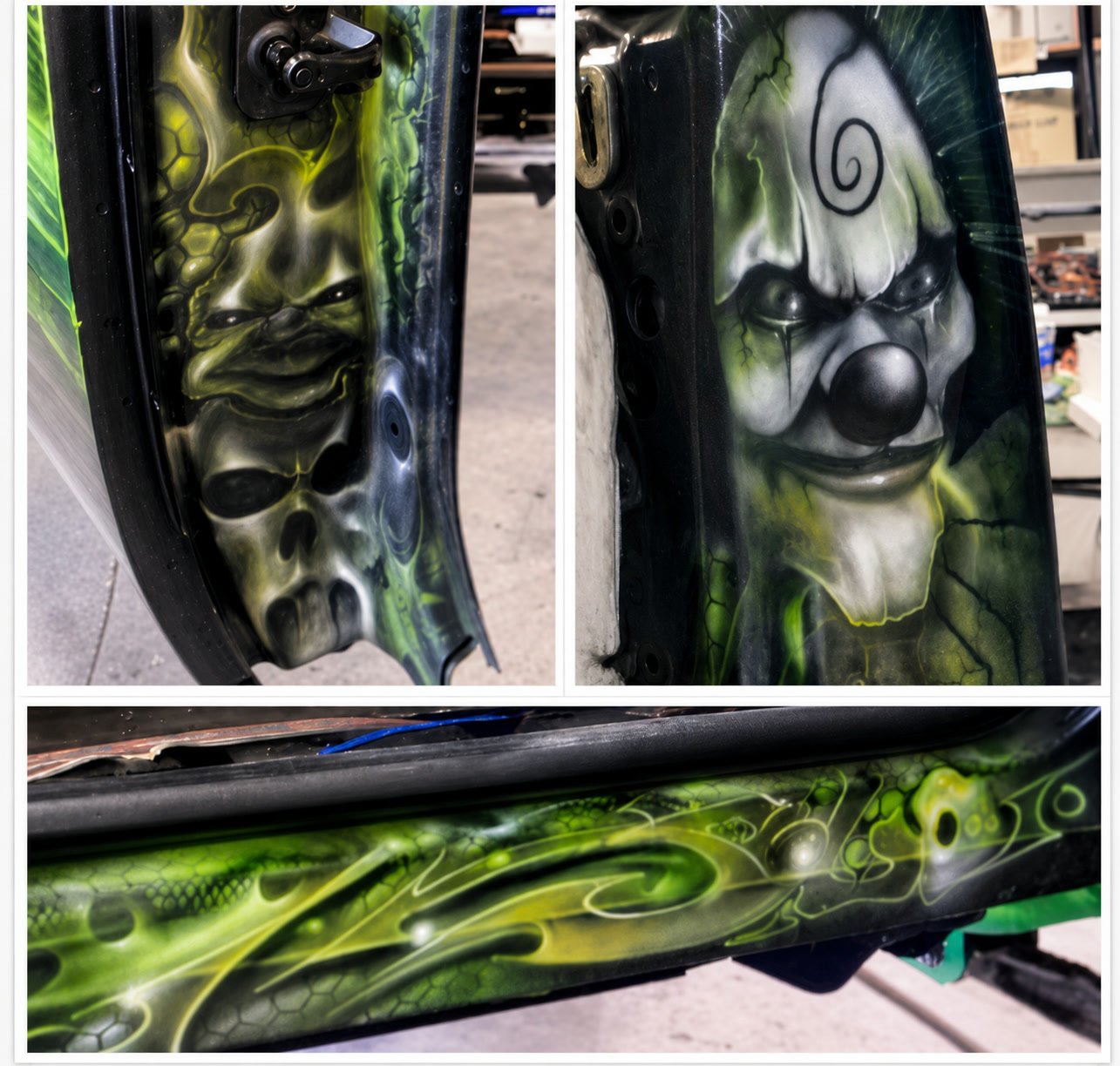 Green skull and clown airbrush artwork painted inside door jambs